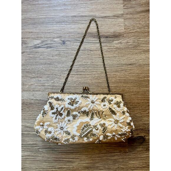 Vintage 90's Santi Beaded Evening Bag Ivory Floral Glass Beads - Picture 1 of 12